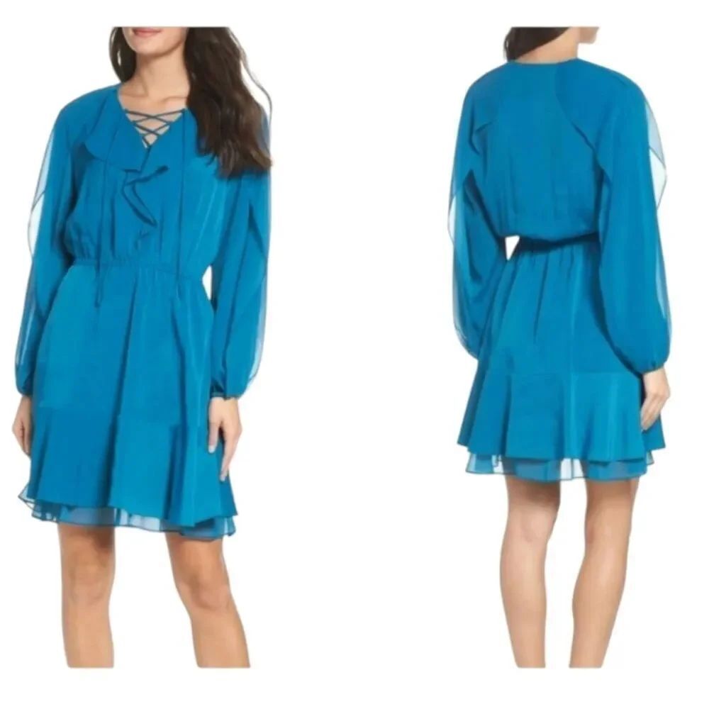 Kobi Halperin Keeley dress Ruffle Blouson Long Sleeve Flowy Ocean Blue Size M